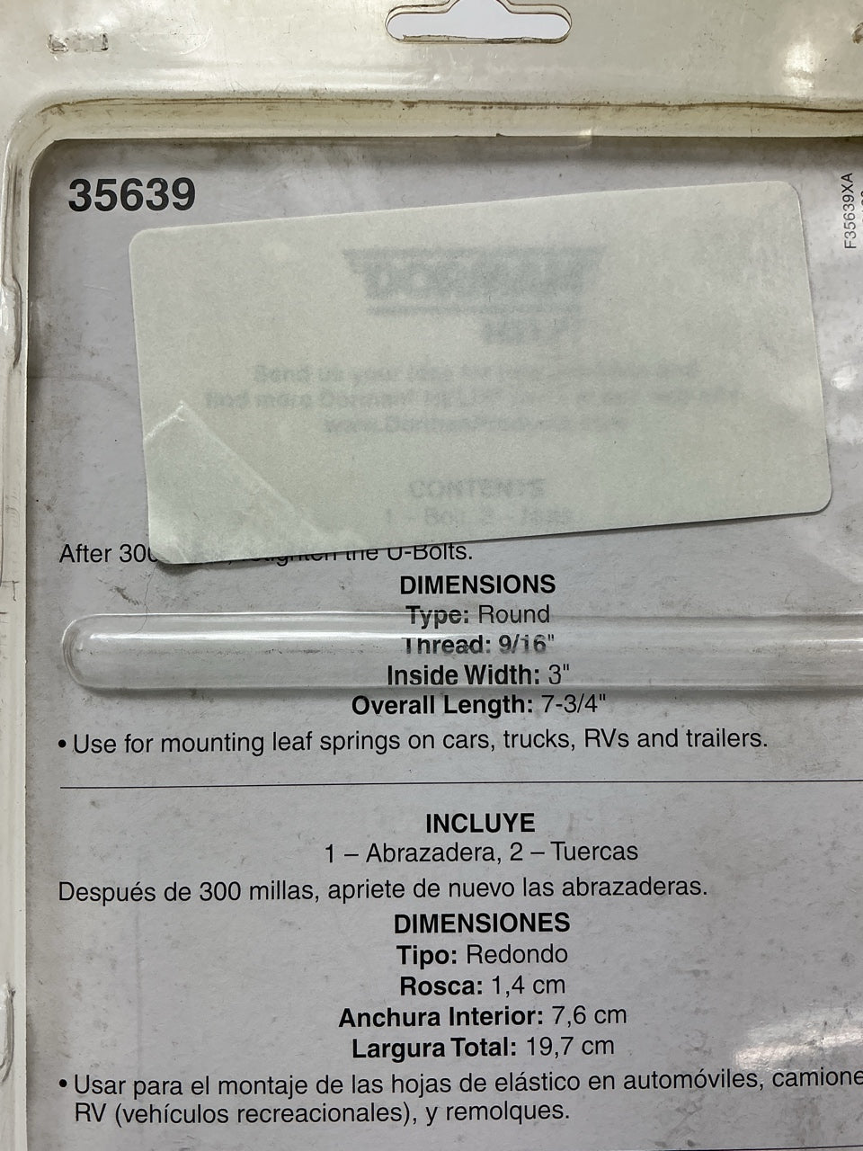 Dorman 35639 Front Upper U-Bolt Kit 9/16 X 7 - 3/4 X 3 Round