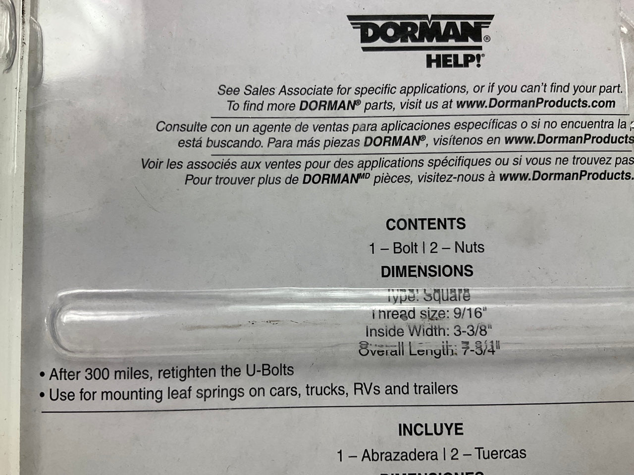 Dorman 35642 Leaf Spring Round U-Bolt Kit - 9/16''-18 X 3-3/8'' X 7-3/4''