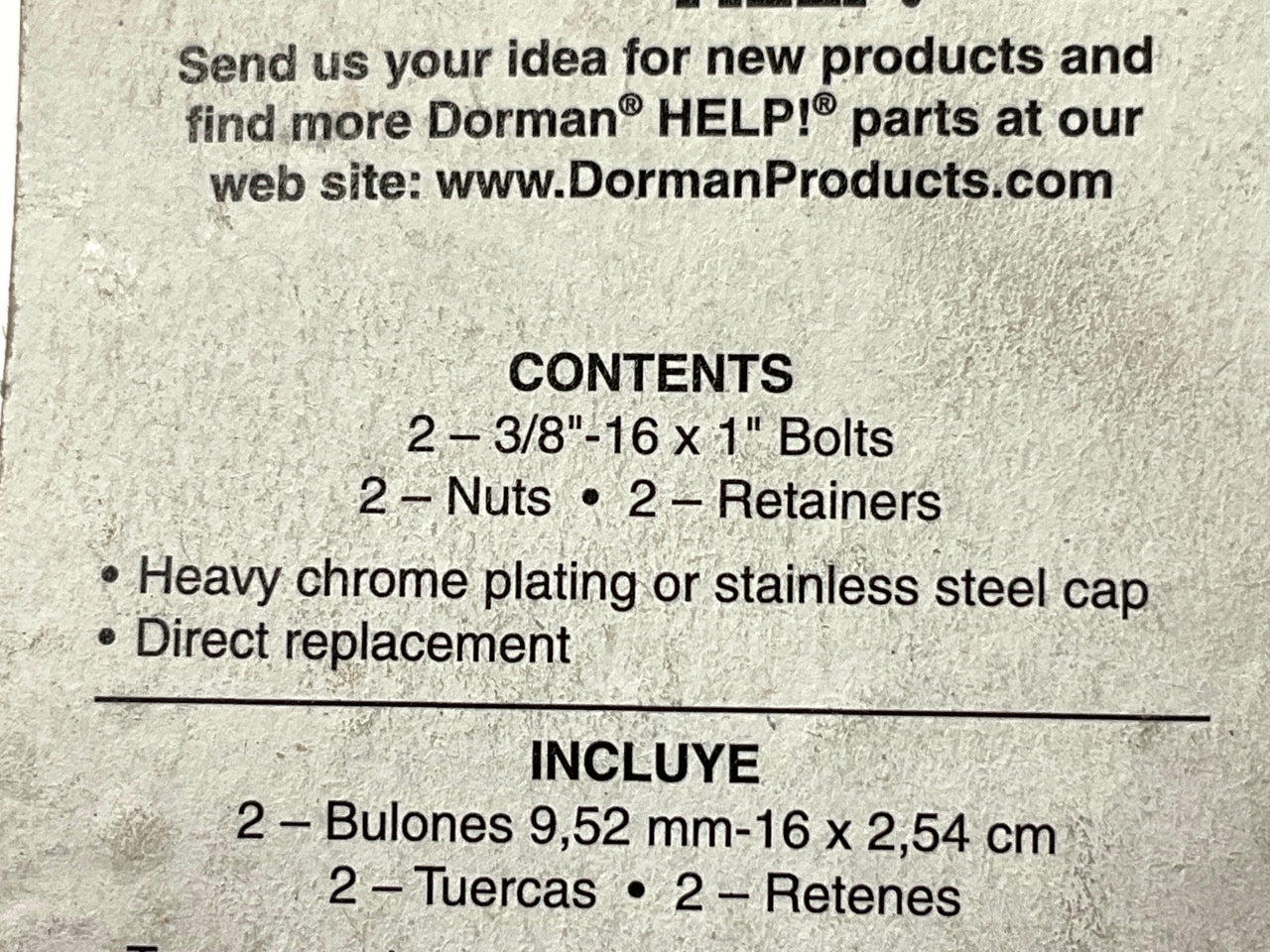 Dorman 45364 Bumper Bolt With Nuts - Stainless Steel - 3/8-16 In. X 1 In.