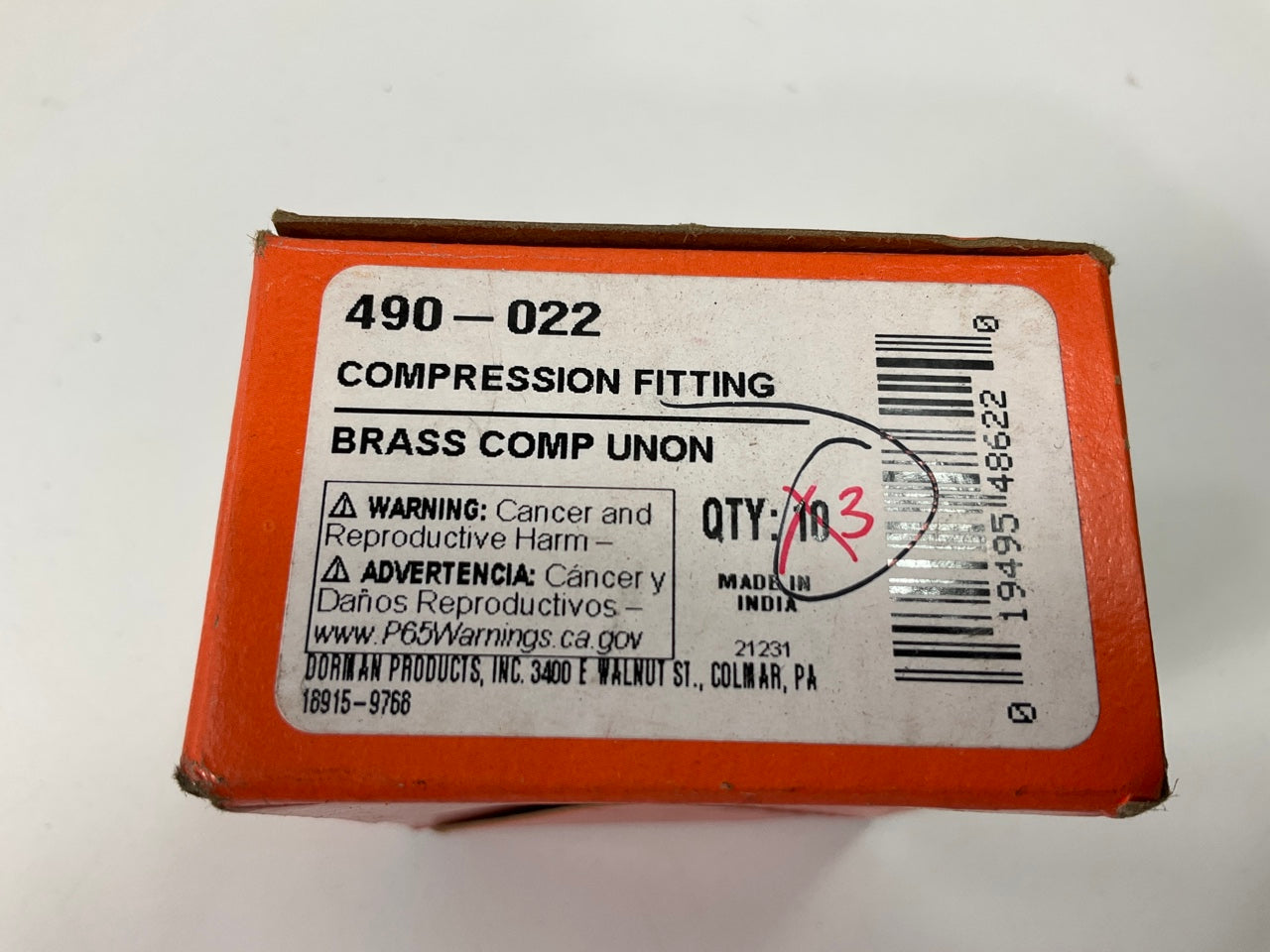 Dorman 490-022 Compression Fitting Union - 3/16'', Pack Of 3