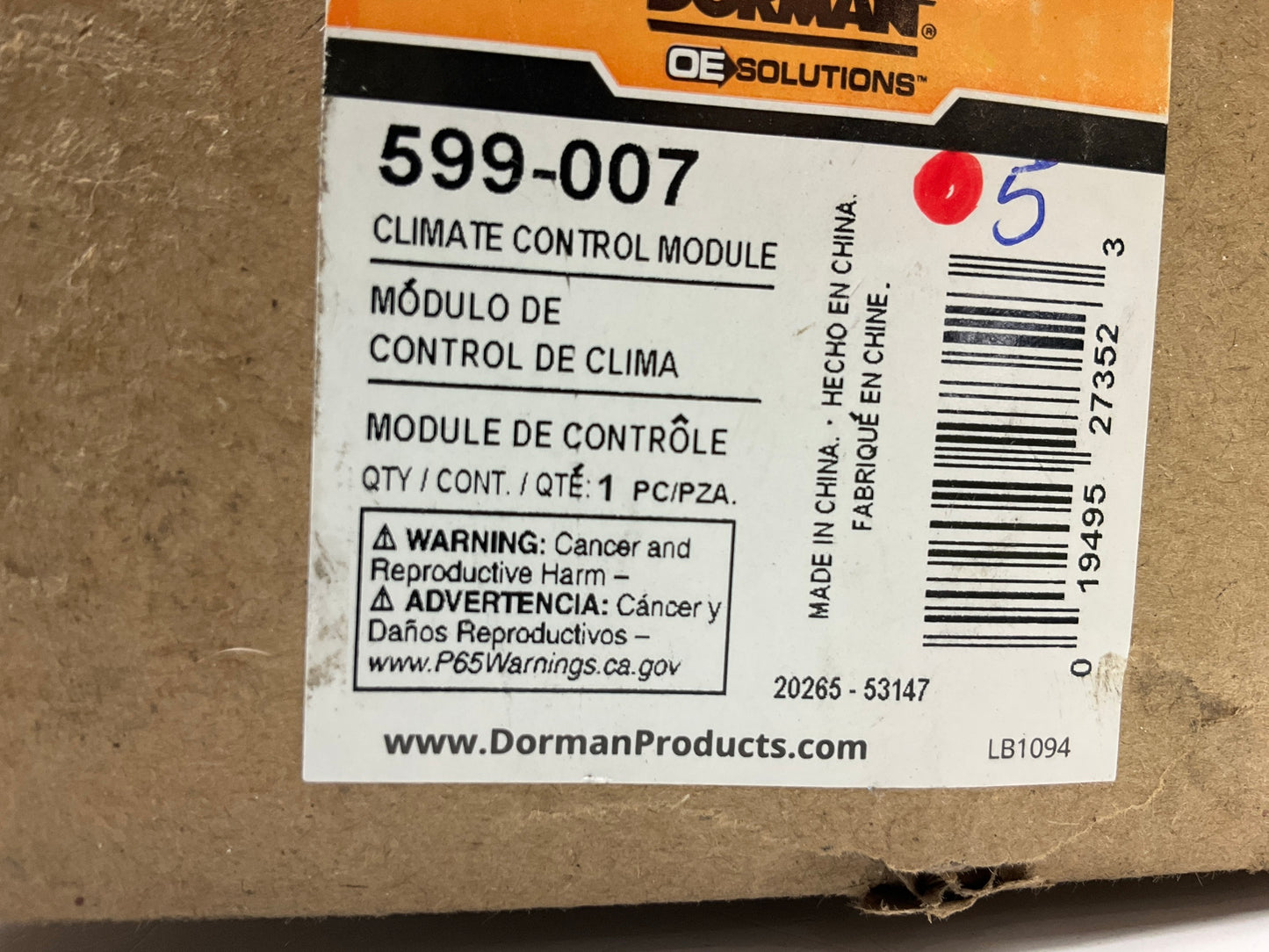 Dorman 599-007 Front A/C Heater Climate Control Switch Panel