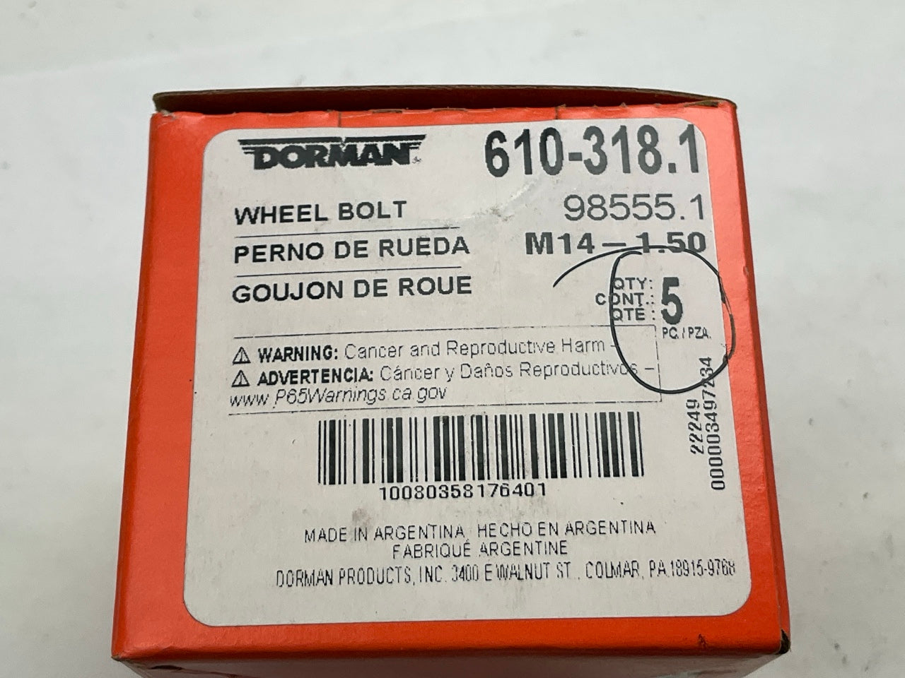 (5) Dorman 610-318 Wheel Lug Bolts