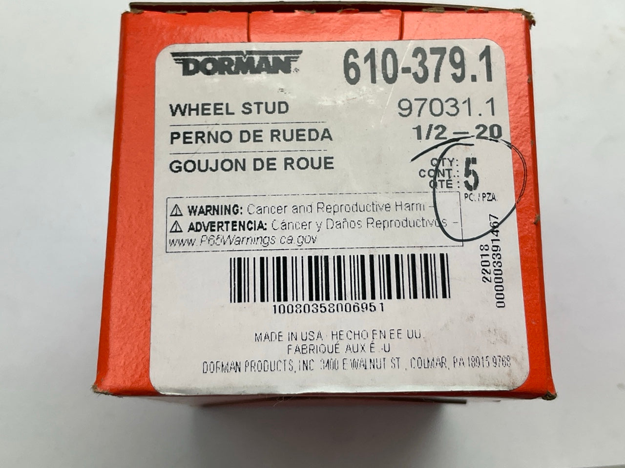 (5) Dorman 610-379 Wheel Lug Studs