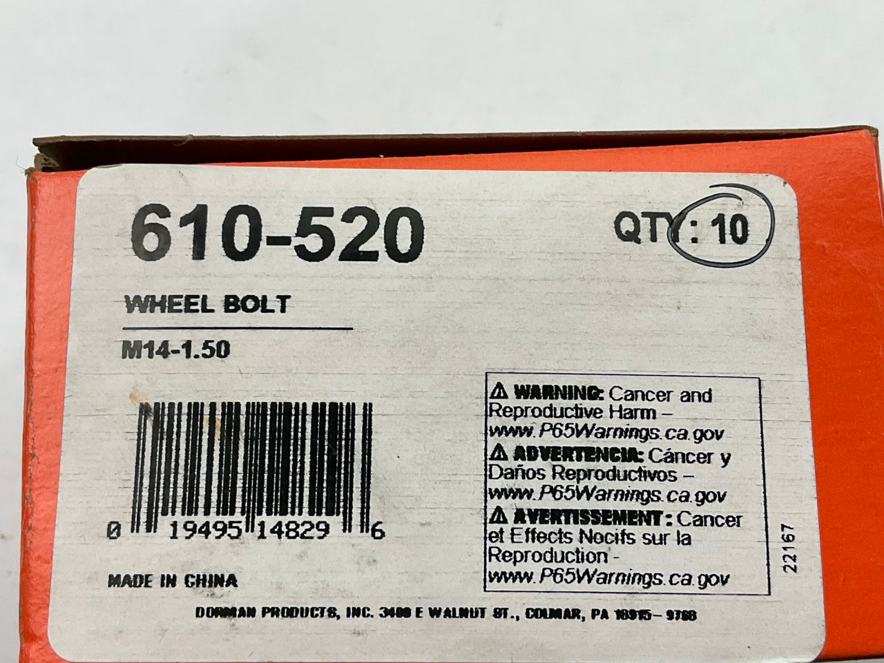 (10) Dorman 610-520 Wheel Lug Bolts