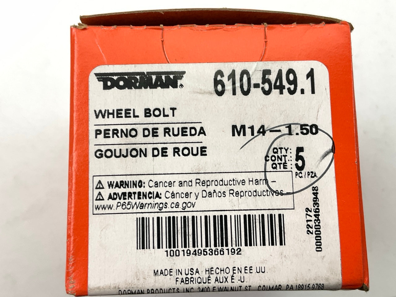 (5) Dorman 610-549 Wheel Lug Bolts