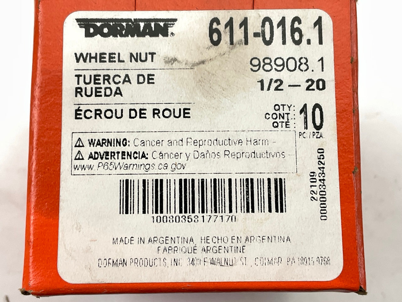 Dorman 611-016 Wheel Lug Nuts 1/2-20 Standard- 13/16'' Hex, 5/8'' Length