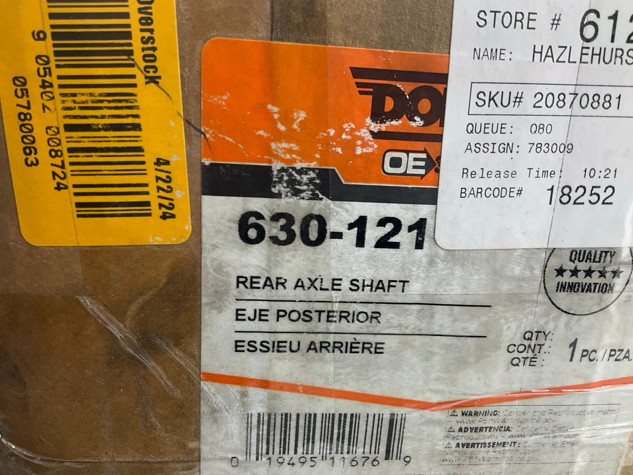 AXLE ONLY Dorman 630-121 Rear Axle Parts