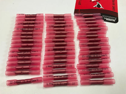 (50) Heat Shrink Wire Butt Connectors 22-16 Gauge Ga AWG Red Car Audio Terminals