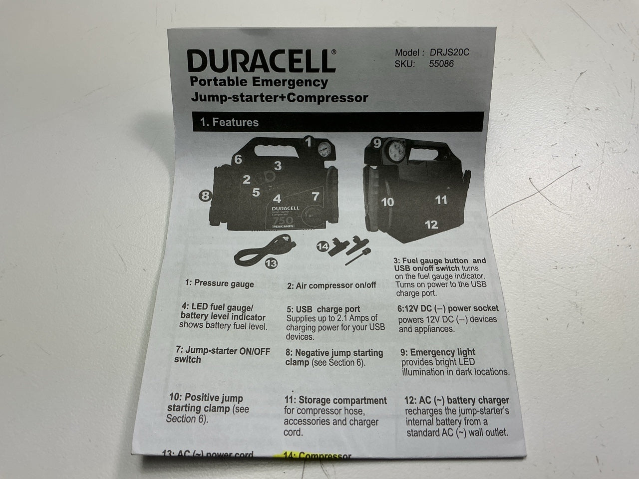 INCOMPLETE Duracell Battery Jump Starter 750 Amp W/ Tire Air Compressor Inflator