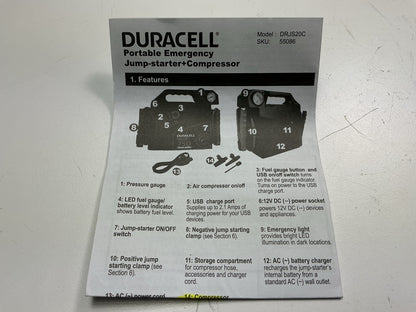 INCOMPLETE Duracell Battery Jump Starter 750 Amp W/ Tire Air Compressor Inflator
