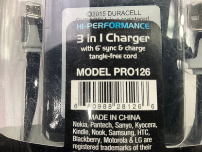 Duracell PRO126 Pro 3-in-1 Charger W/ Micro USB Sync & Charge Cable