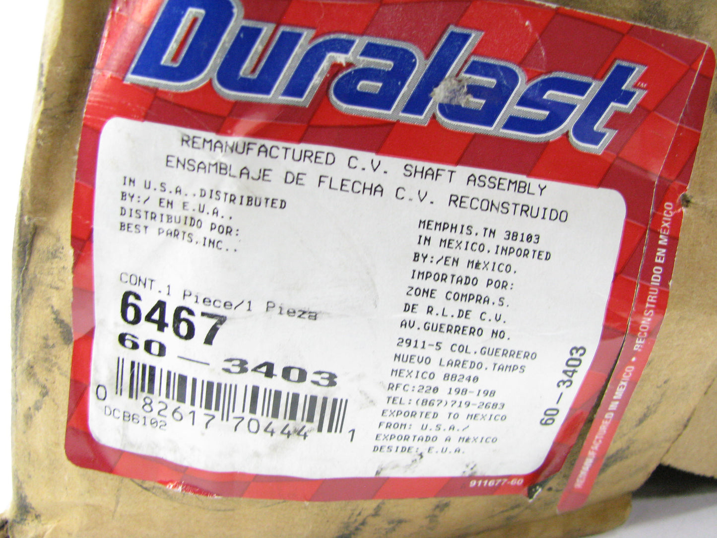 Duralast 6467 Reman CV Axle Shaft Assembly Front Left