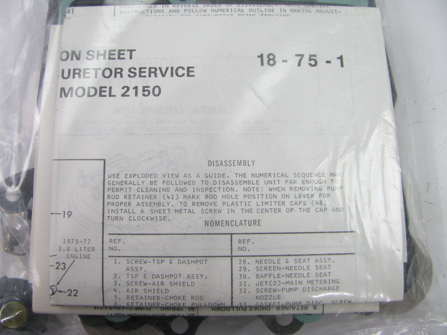 E-tron 1551 Carburetor Rebuild Kit For 1975-1980 Ford 2-BBL 2100 2150