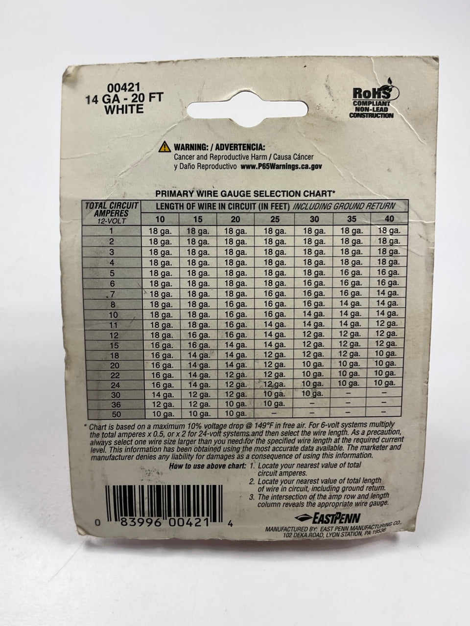 East Penn 00421 Primary Wire, 14 Gauge, White, 20' Long