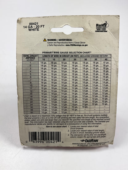 East Penn 00421 Primary Wire, 14 Gauge, White, 20' Long
