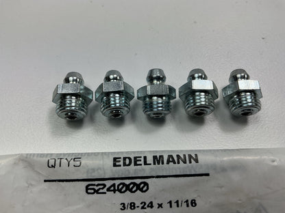 (5) Edelmann 624000 Grease Fittings 3/8''-24 Standard Thread X 11/16'' Long