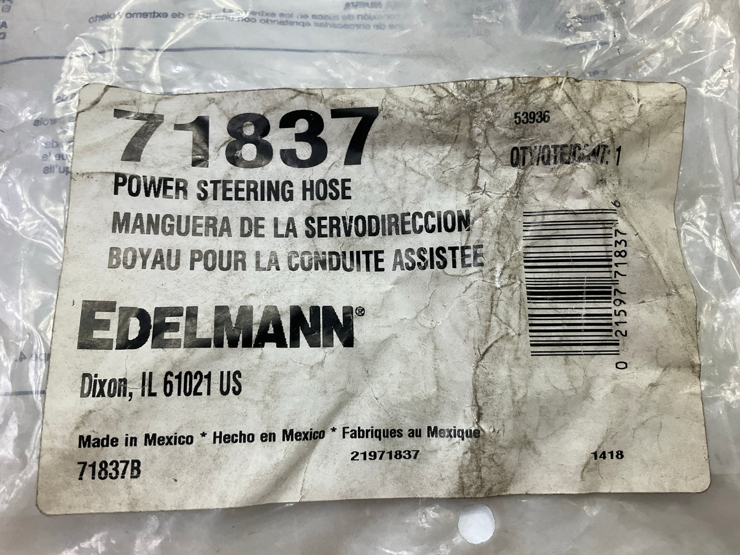 Edelmann 71837 Power Steering Pressure Line Hose