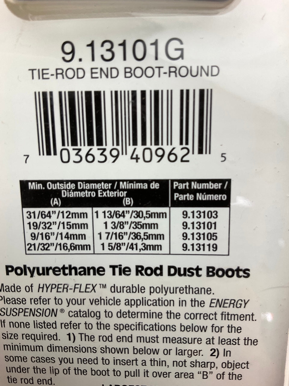 Energy Suspension 9.13101G Tie Rod Dust Boots Black, 1.36'' Base, .55'' Pin, PAIR