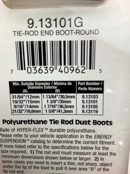 Energy Suspension 9.13101G Tie Rod Dust Boots Black, 1.36'' Base, .55'' Pin, PAIR