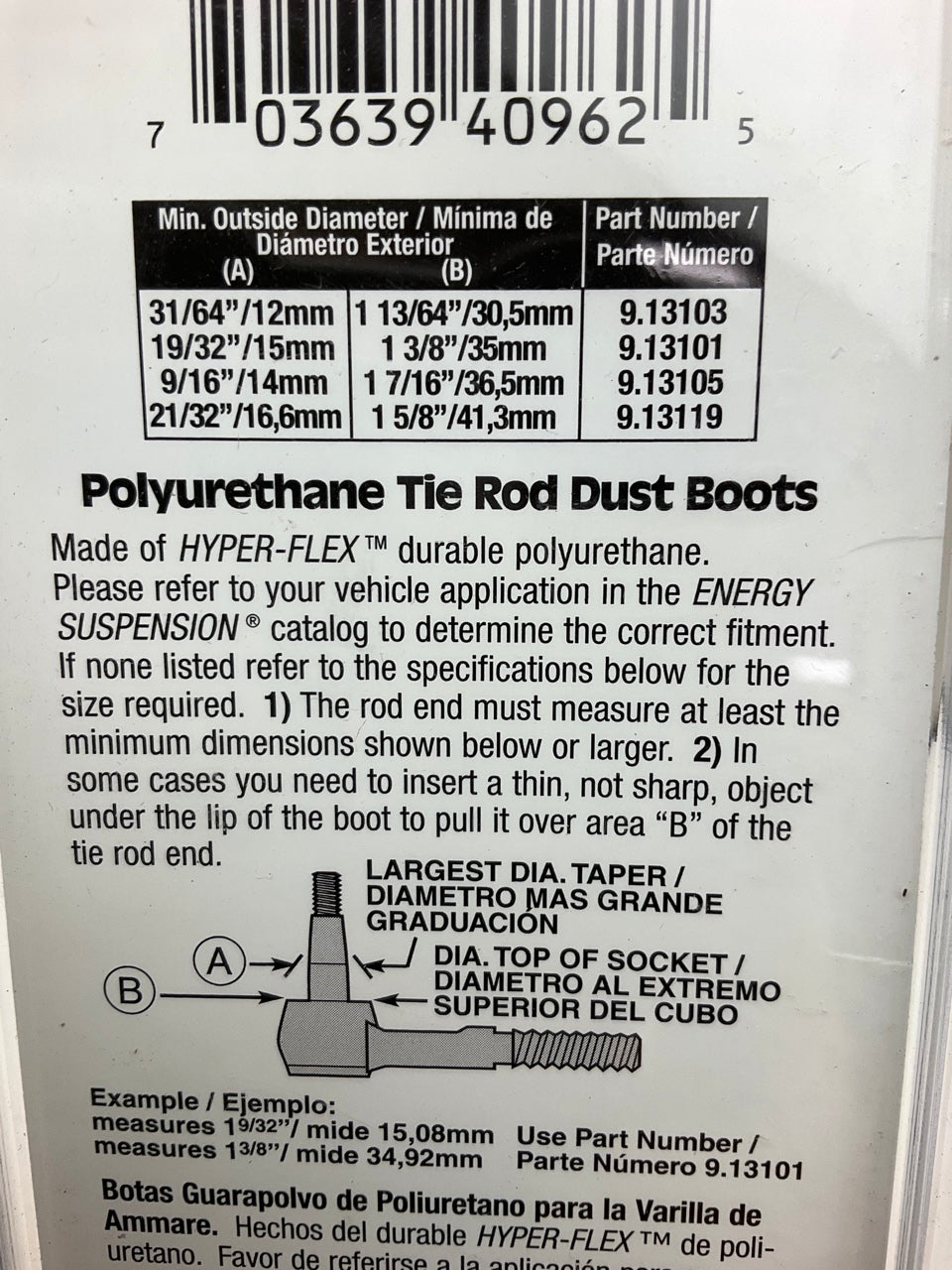 Energy Suspension 9.13101G Tie Rod Dust Boots Black, 1.36'' Base, .55'' Pin, PAIR