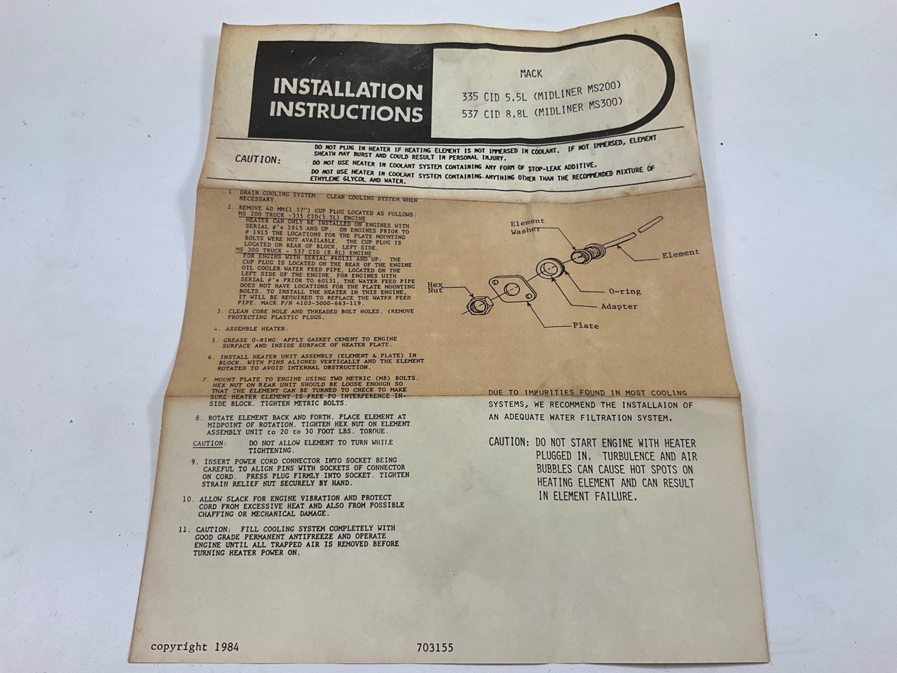Everco D2526 Engine Block Heater, 1000 Watt For Mack MS200 MS300