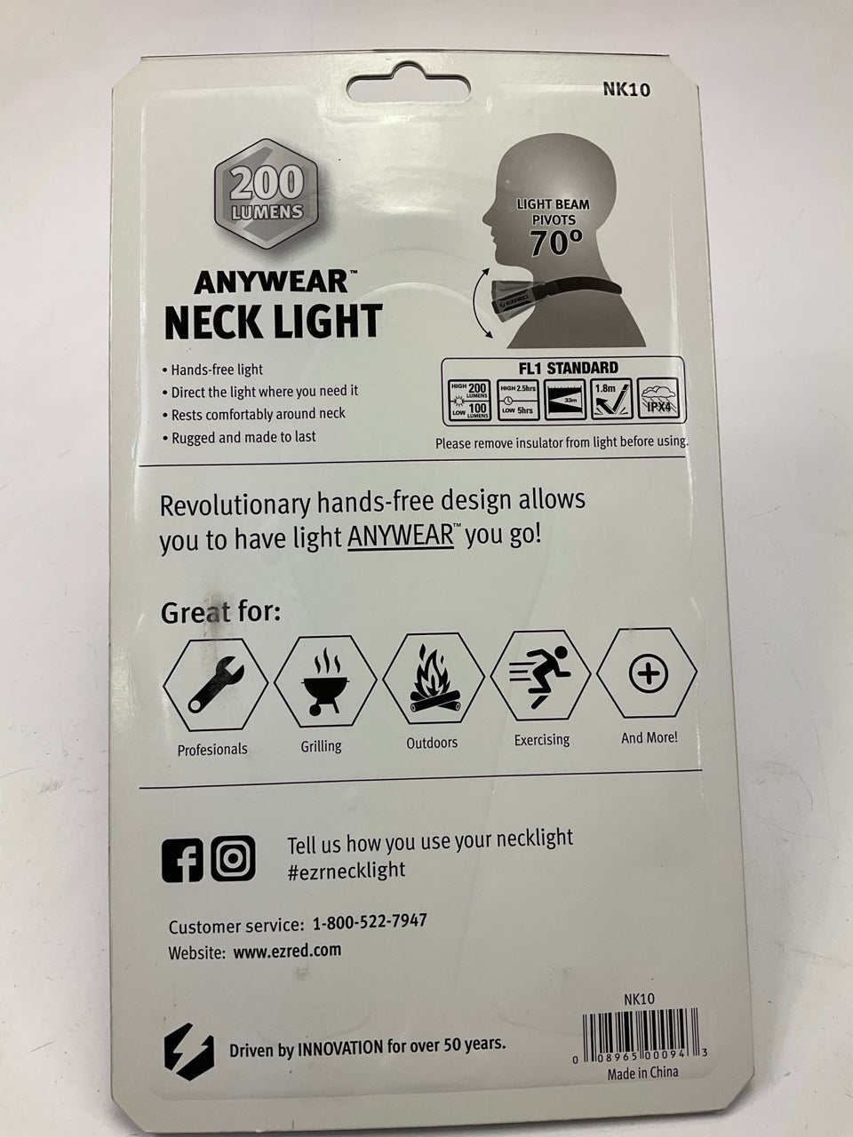 EZRED NK10 Hanging Neck Light, 200 Lumen Light That Pivots 70 Degrees, 2 AA