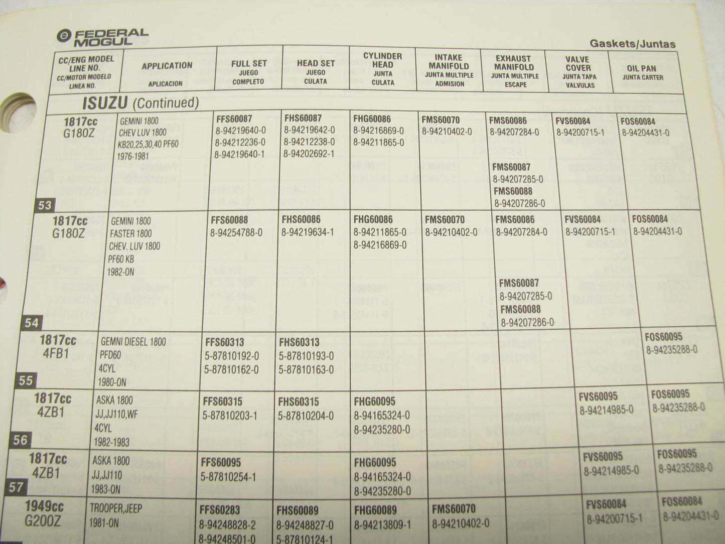 Federal Mogul 1010J Gasket Catalog For Japanese Vehicles - 1990, Weatherly #300