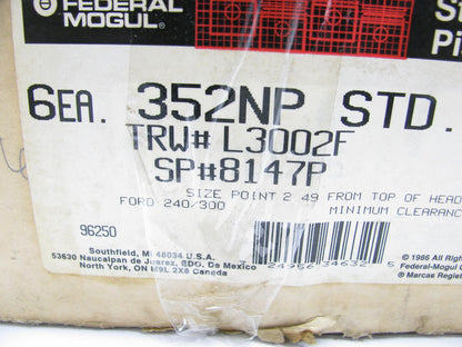(6) Federal Mogul 352NP Engine Piston - Standard For 1967-1974 Ford 240 300-L6