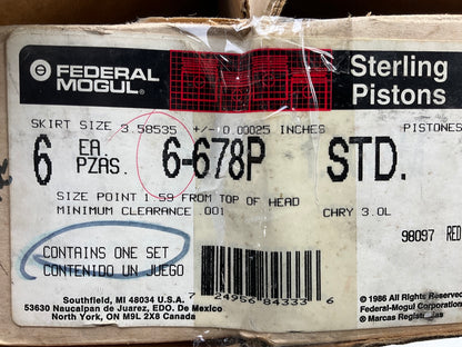 (6) Federal Mogul 678P Standard Size Pistons Set For 1987-1993 Chrysler 3.0L V6