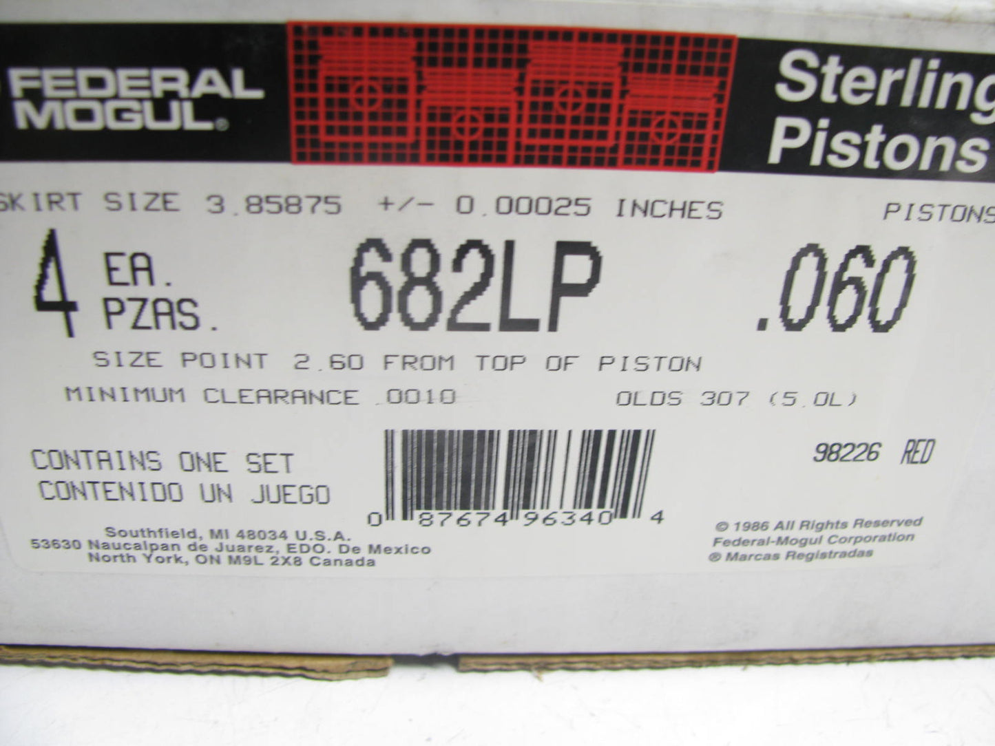 (4) Federal Mogul 682LP060 Left Bank Engine Piston .060'' 1985-90 GM 307 5.0L