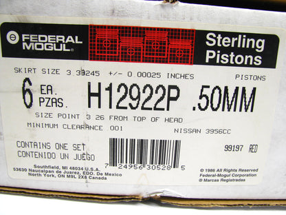 (6) Federal H12922P Engine Piston .50mm For 1960-1980 Nissan 4.0L Patrol DIESEL