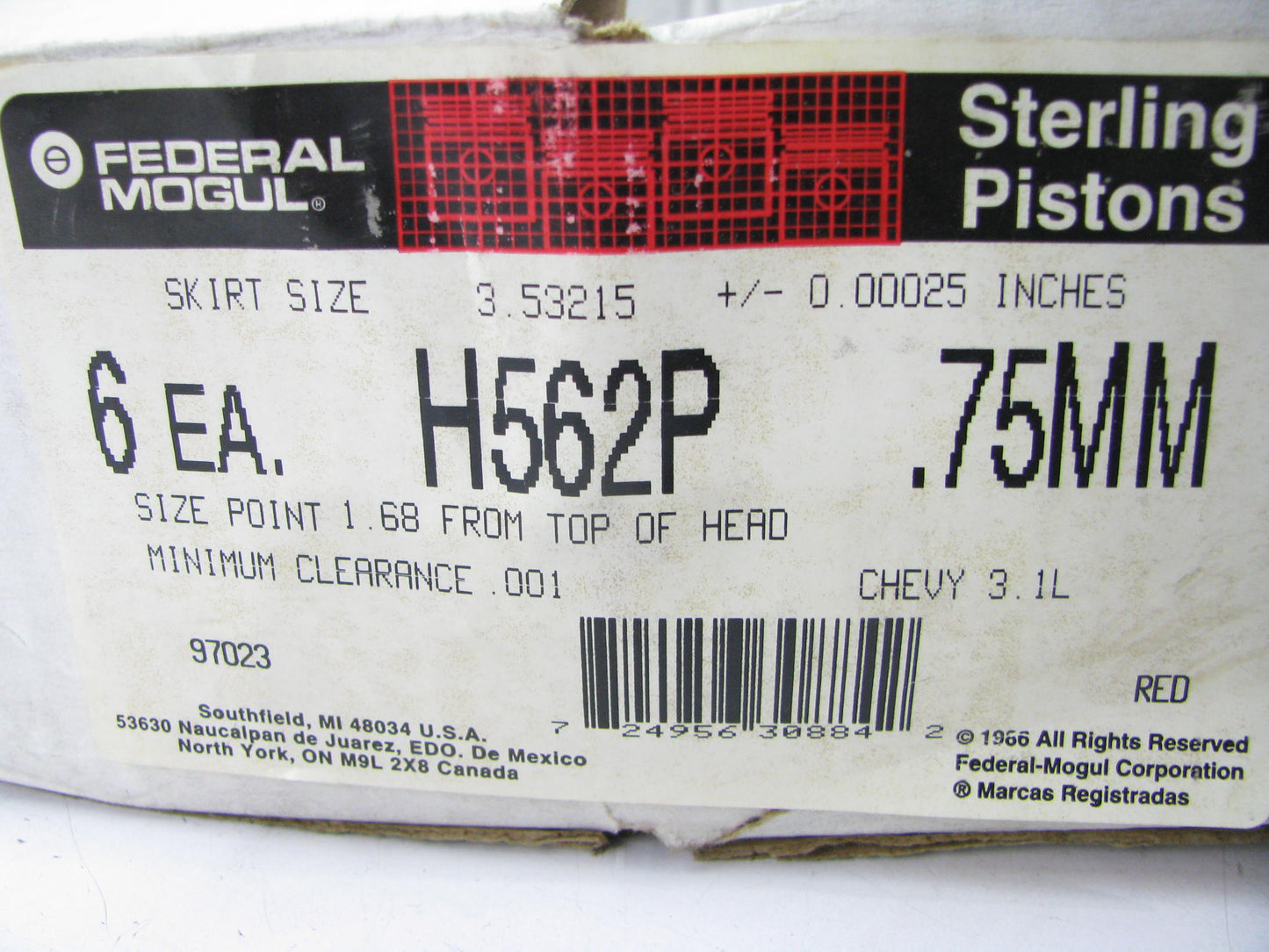 (6) Engine Piston Set 75mm O/S  Sealed Power H562P For 90-92 GM 3.1L V6