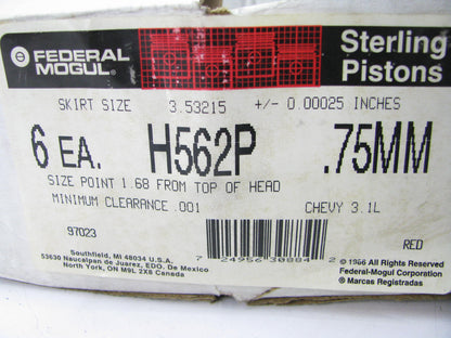 (6) Engine Piston Set 75mm O/S  Sealed Power H562P For 90-92 GM 3.1L V6