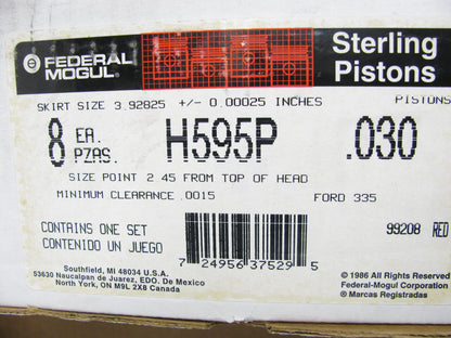 (8) Federal Mogul H595P-030 Engine Piston .030'' 1969-1995 Ford 335-V8 MEXICO