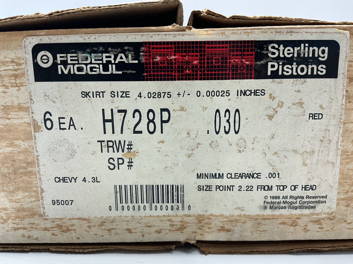 Set Of (6) - Federal Mogul H728P-030 Pistons 0.030'' Over Size - Chevy 4.3L V6