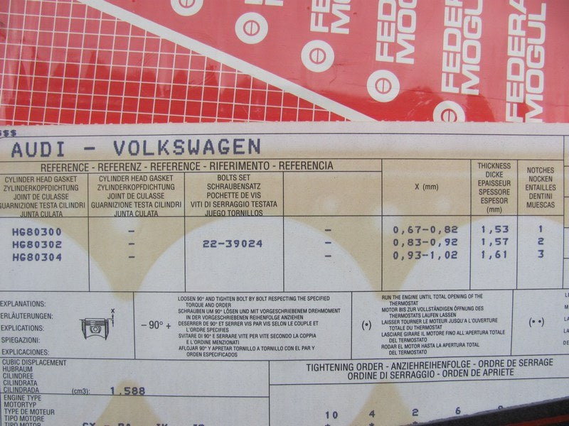 Federal Mogul HG80300 Cylinder Head Gasket - 1986-1992 VW 1.6L DIESEL  1-NOTCH