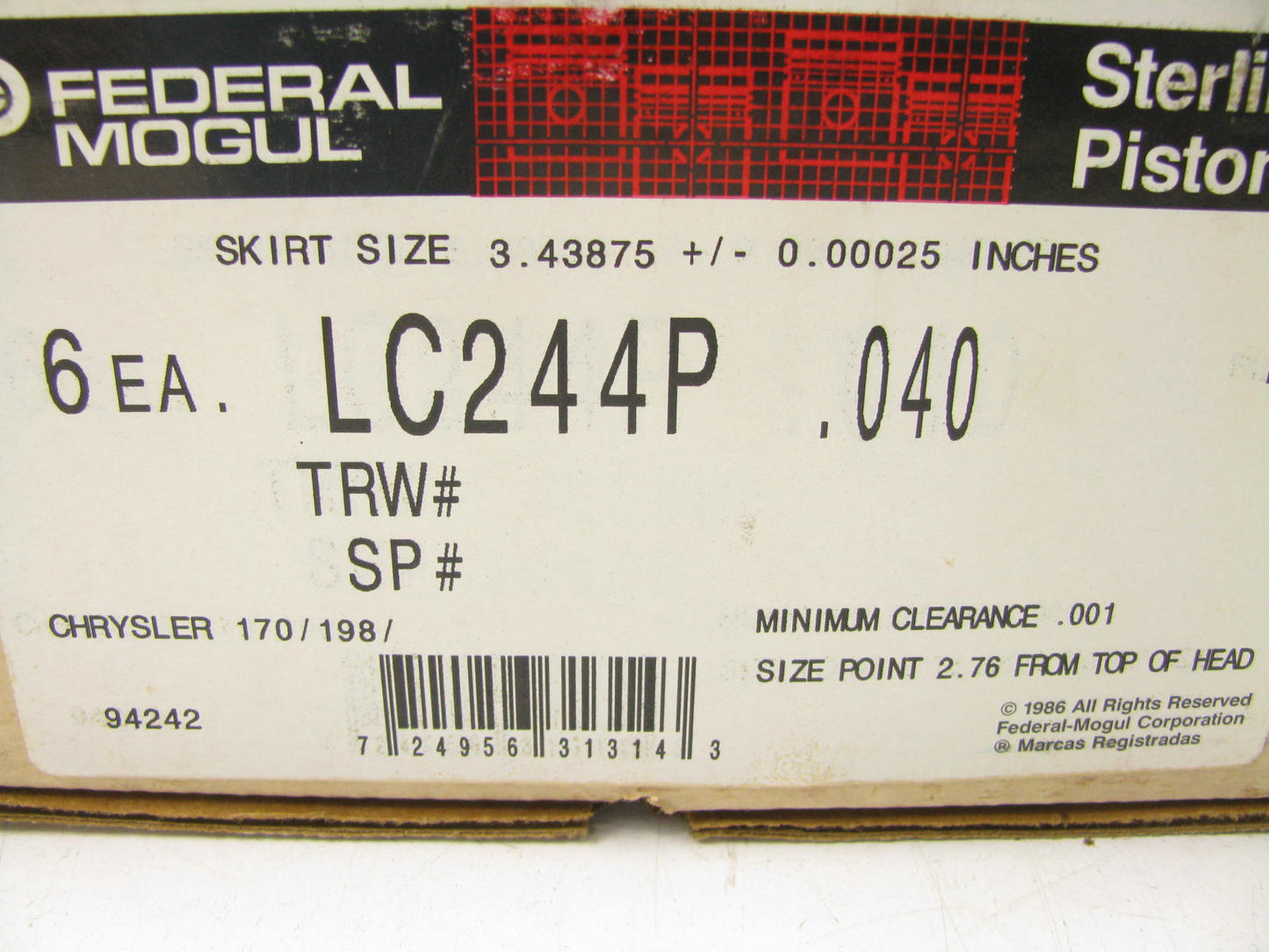 (6) Federal Mogul LC244P-040 Piston .040'' For 1960-1985 Chrysler 170 198 225-L6