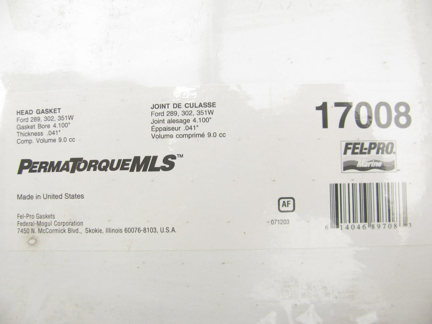 Fel-pro 17008 Marine Cylinder Head Gasket For Ford 260 289 302 351W V8