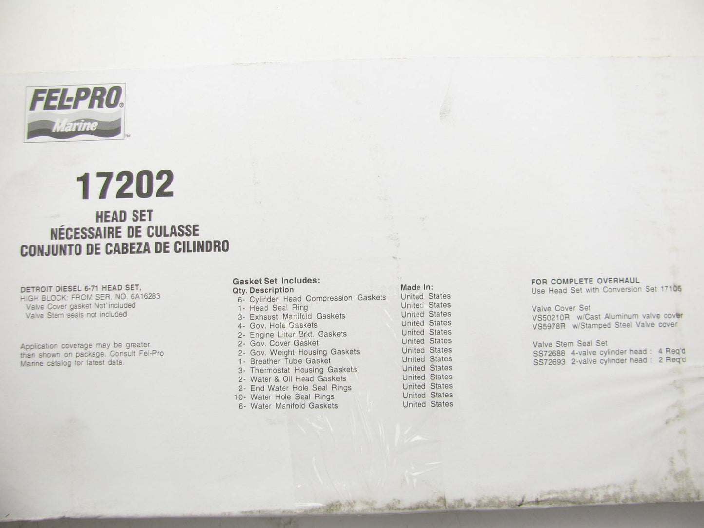 Fel-pro 17202 Cylinder Head Gasket Set For Detroit Diesel Marine 6-71 High Block