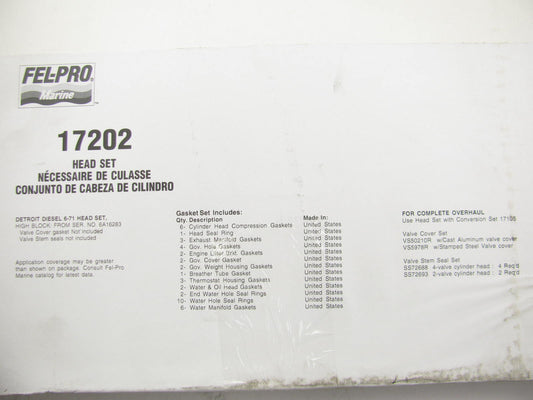 Fel-pro 17202 Cylinder Head Gasket Set For Detroit Diesel Marine 6-71 High Block