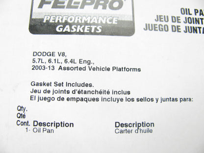 Fel-pro Performance 1896 Engine Oil Pan Gasket For 2009-12 Dodge 5.7L 6.1L 6.4L
