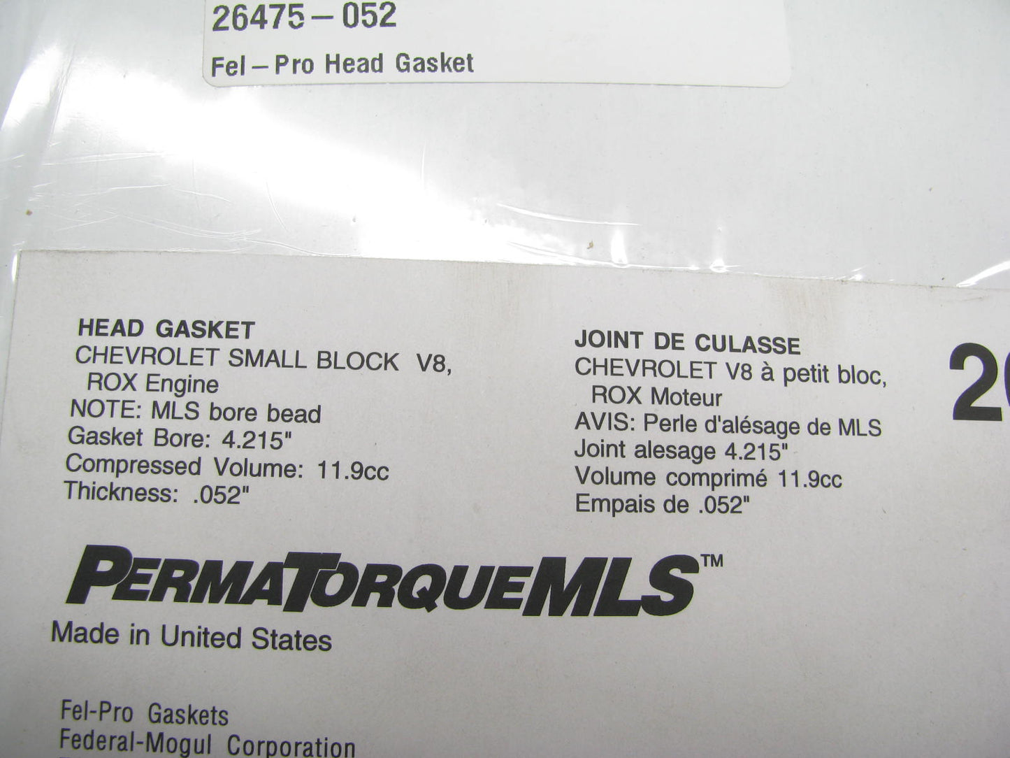 Fel-Pro 26475-052 MLS Cylinder Head Gasket - CHEVY SBC ROX 4.215''BORE, .052''