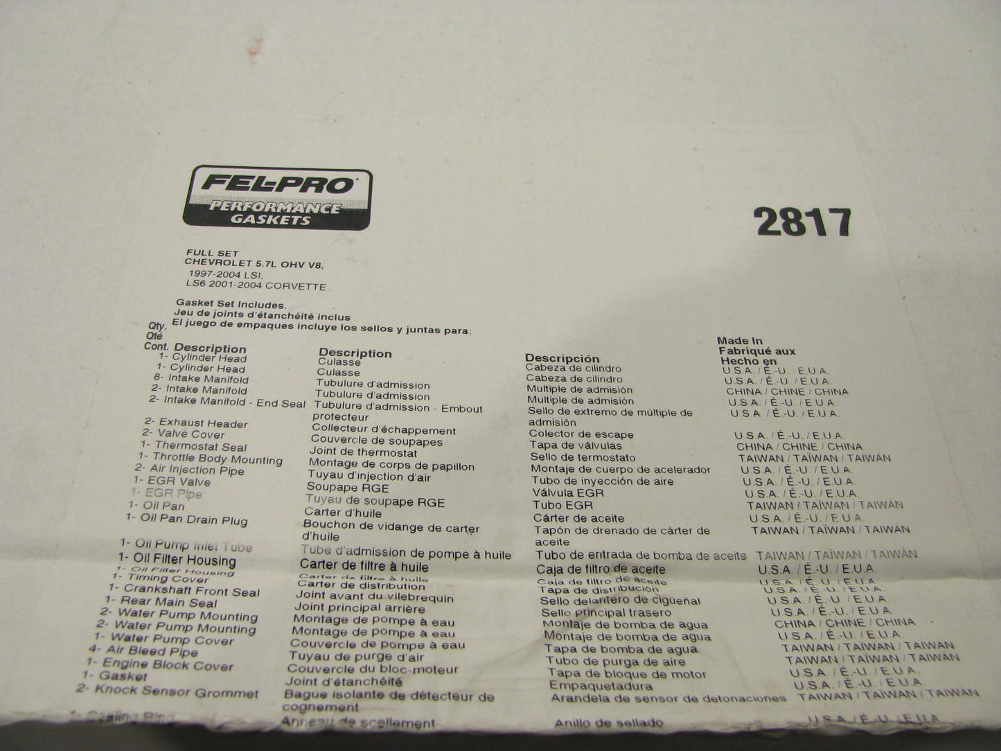 Fel-pro 2817 Performance Full Engine Rebuild Gasket Set 1997-2004 Chevy LS1, LS6