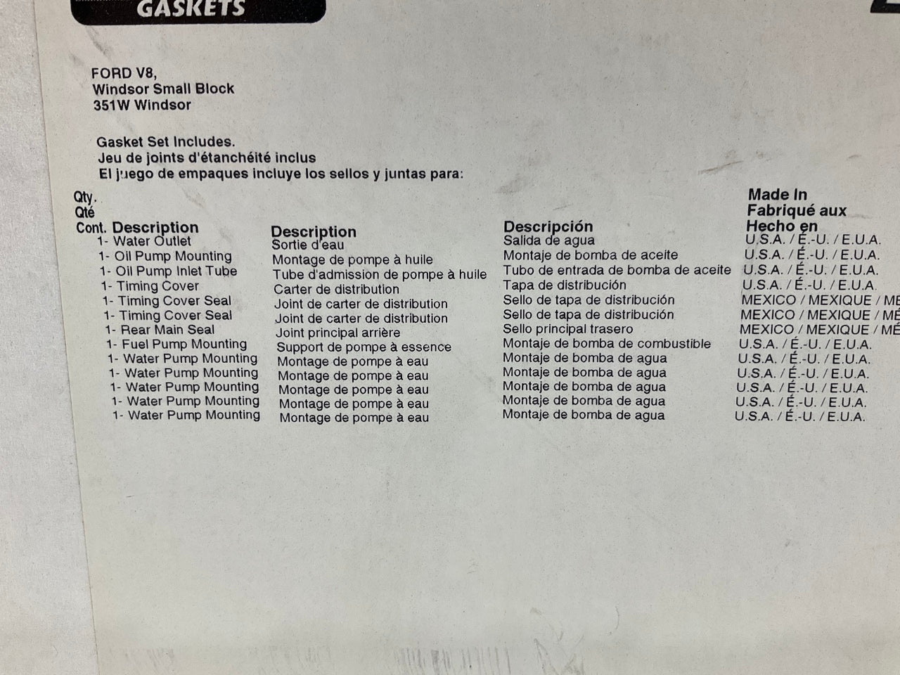 Fel-pro 2729 Remainder To Assemble R.A.C.E. Gasket Set For Ford 351W WINDSOR V8
