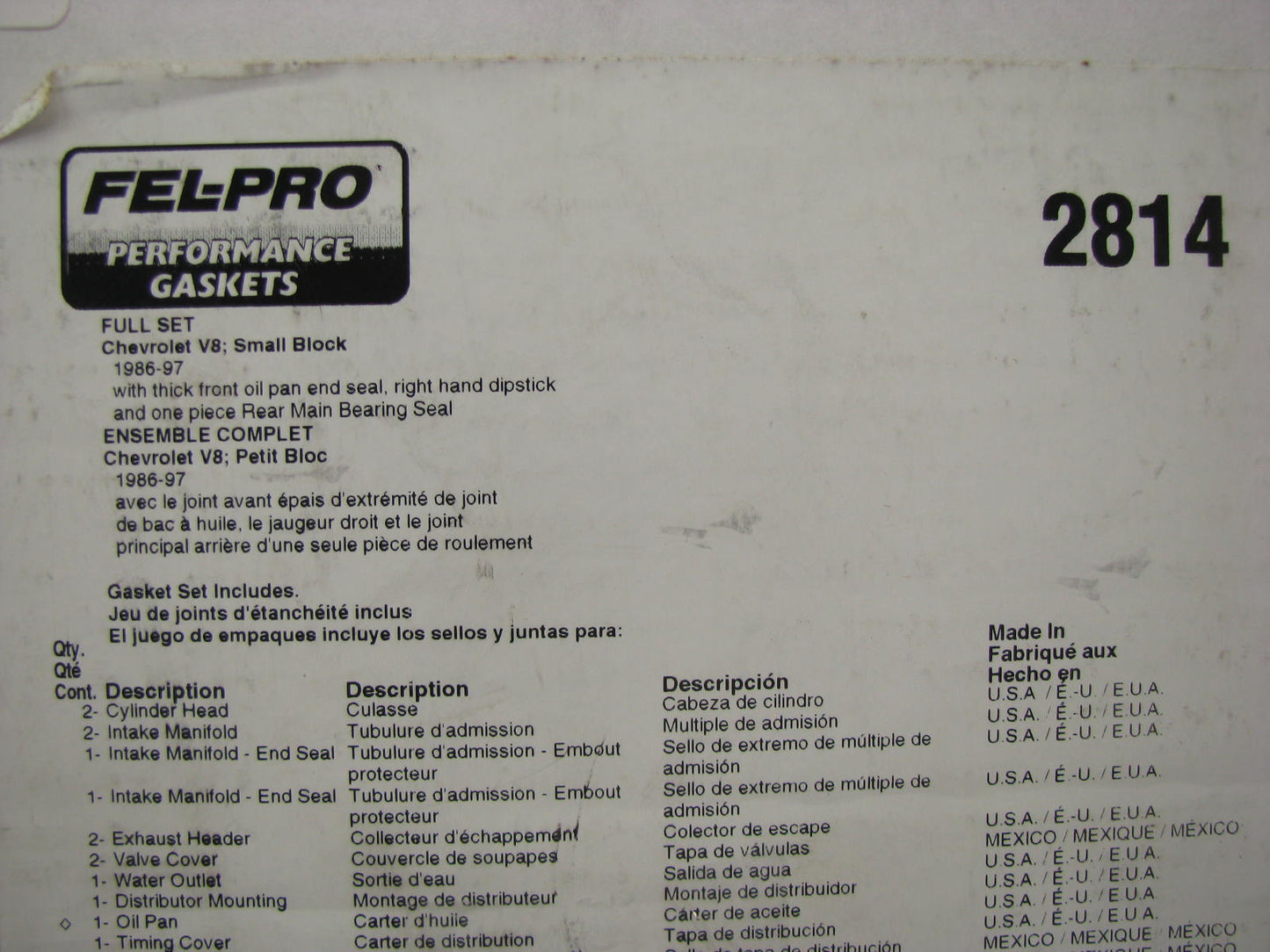 Fel-pro 2814 Performance Engine Full Gasket Set For 1986-1997 Chevrolet SBC-V8