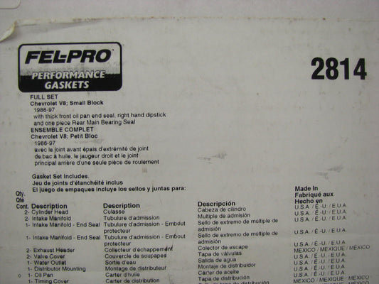 Fel-pro 2814 Performance Engine Full Gasket Set For 1986-1997 Chevrolet SBC-V8