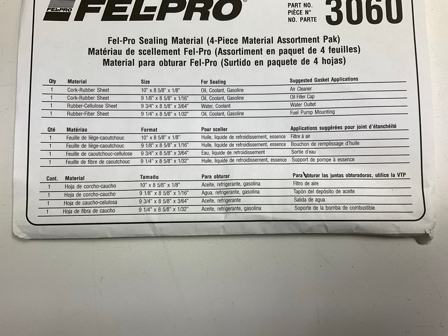 Fel-pro 3060 Cork / Rubber Gaskets -  0.125'' Thick, 8-5/8''  Width, 9'' Length