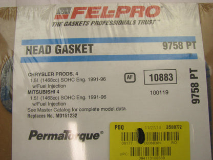 Fel-pro 9758PT Cylinder Head Gasket For 1991-1996 Chrysler Mitsubishi 1.5L-L4