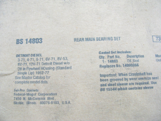 Fel-pro BS14803 Engine Crankshaft Seal Kit Rear Allis Chalmers 213-L3 284-L4