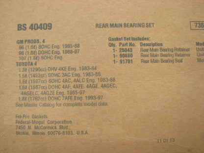 Fel-Pro BS40409 Rear Main Bearing Seal Set 83-97 Toyota 1.3L 1.5L 1.6L 1.8L I4